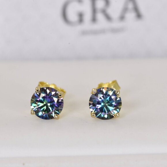 GRA Moissanite Diamond 2ct Rainbow Blue Stud Earrings 925